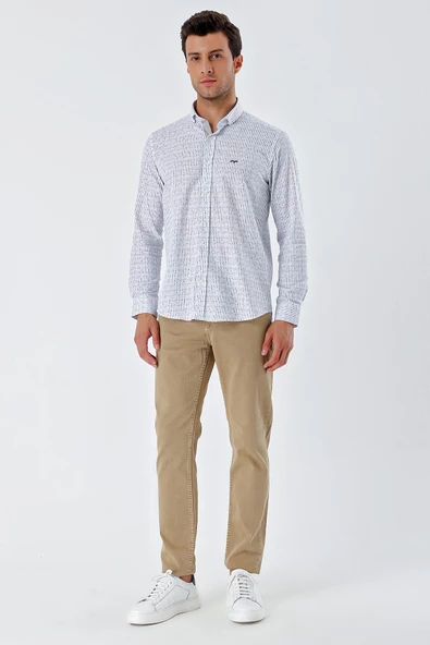 Beyaz Uzun Kollu Baskılı Bez Ayağı Cepsiz Garnili Klasik Slim Fit Dar Kesim Gömlek 1004230232 - Resim 3