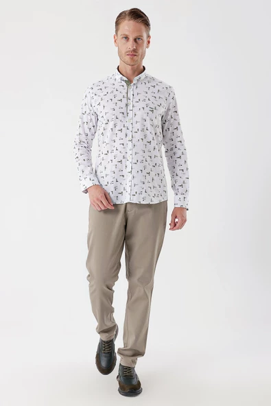 Beyaz Uzun Kollu Baskılı Bez Ayağı Cepsiz Garnili Klasik Slim Fit Dar Kesim Gömlek 1004230230 - Resim 2