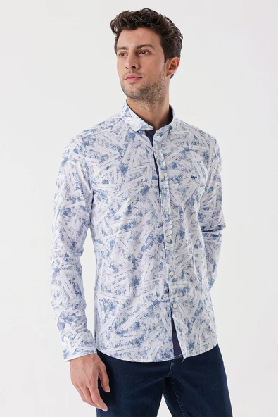 Beyaz Uzun Kollu Baskılı Bez Ayağı Cepsiz Garnili Klasik Slim Fit Dar Kesim Gömlek 1004230229 - Resim 5