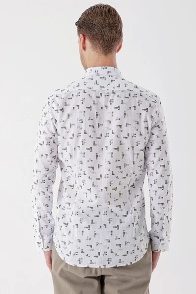 Beyaz Uzun Kollu Baskılı Bez Ayağı Cepsiz Garnili Klasik Slim Fit Dar Kesim Gömlek 1004230230 - Resim 6