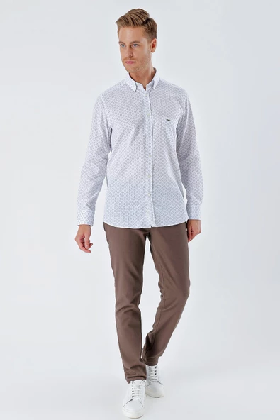 Beyaz Uzun Kollu BaskılıCepli %100 Pamuk Casual Comfort Fit Rahat Kesim Gömlek 1004230225 - Resim 2