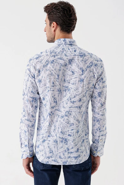 Beyaz Uzun Kollu Baskılı Bez Ayağı Cepsiz Garnili Klasik Slim Fit Dar Kesim Gömlek 1004230229 - Resim 6