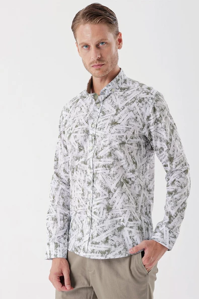 Beyaz Uzun Kollu Baskılı Bez Ayağı Cepsiz Garnili Klasik Slim Fit Dar Kesim Gömlek 1004230229 - Resim 3