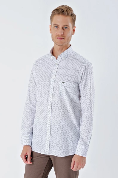 Beyaz Uzun Kollu BaskılıCepli %100 Pamuk Casual Comfort Fit Rahat Kesim Gömlek 1004230225 - Resim 3