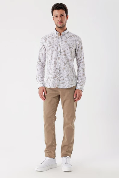 Beyaz Uzun Kollu Baskılı Bez Ayağı Cepsiz Garnili Klasik Slim Fit Dar Kesim Gömlek 1004230229 - Resim 4