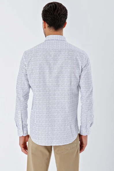 Beyaz Uzun Kollu Baskılı Bez Ayağı Cepsiz Garnili Klasik Slim Fit Dar Kesim Gömlek 1004230232 - Resim 6