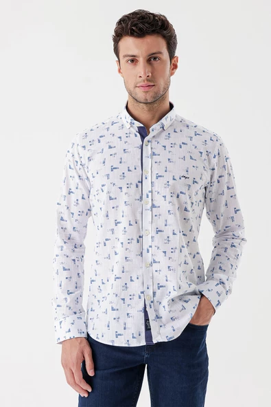 Beyaz Uzun Kollu Baskılı Bez Ayağı Cepsiz Garnili Klasik Slim Fit Dar Kesim Gömlek 1004230230