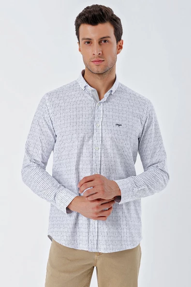 Beyaz Uzun Kollu Baskılı Bez Ayağı Cepsiz Garnili Klasik Slim Fit Dar Kesim Gömlek 1004230232 - Resim 4
