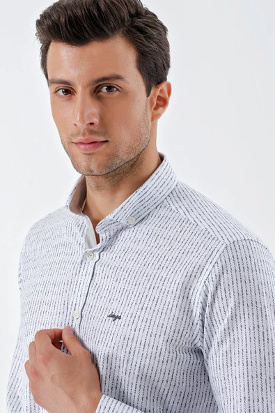 Beyaz Uzun Kollu Baskılı Bez Ayağı Cepsiz Garnili Klasik Slim Fit Dar Kesim Gömlek 1004230232 - Resim 5