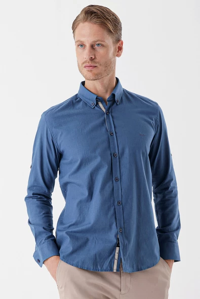 İndigo Mavi Kısalabilir KolluCepsiz Biyeli %100 Pamuk Klasik Slim Fit Dar Kesim Gömlek 1004230227