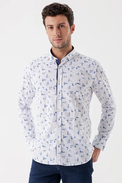 Beyaz Uzun Kollu Baskılı Bez Ayağı Cepsiz Garnili Klasik Slim Fit Dar Kesim Gömlek 1004230230 - Resim 3