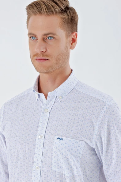 Beyaz Uzun Kollu BaskılıCepli %100 Pamuk Casual Comfort Fit Rahat Kesim Gömlek 1004230225 - Resim 5