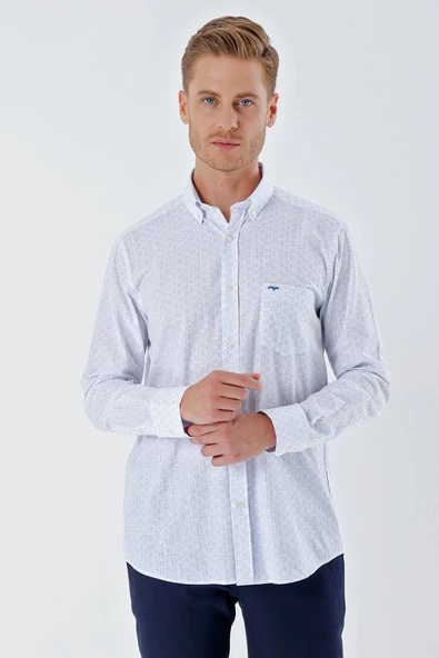 Beyaz Uzun Kollu BaskılıCepli %100 Pamuk Casual Comfort Fit Rahat Kesim Gömlek 1004230225 - Resim 2