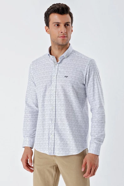 Beyaz Uzun Kollu Baskılı Bez Ayağı Cepsiz Garnili Klasik Slim Fit Dar Kesim Gömlek 1004230232 - Resim 2