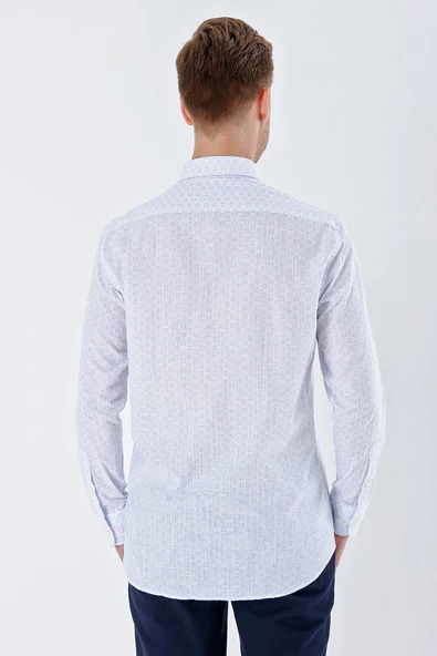 Beyaz Uzun Kollu BaskılıCepli %100 Pamuk Casual Comfort Fit Rahat Kesim Gömlek 1004230225 - Resim 6