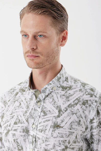 Beyaz Uzun Kollu Baskılı Bez Ayağı Cepsiz Garnili Klasik Slim Fit Dar Kesim Gömlek 1004230229 - Resim 5