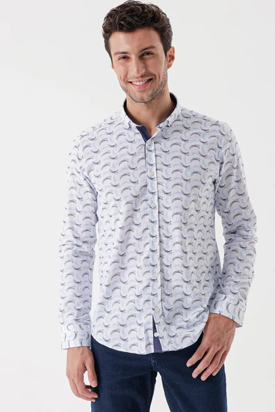 Beyaz Uzun Kollu Baskılı Bez Ayağı Cepsiz Garnili Klasik Slim Fit Dar Kesim Gömlek 1004230228 - Resim 2