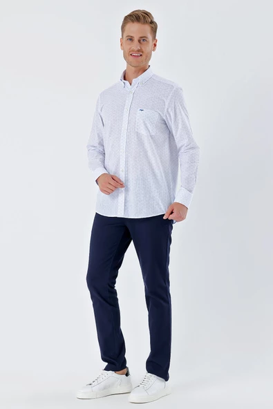 Beyaz Uzun Kollu BaskılıCepli %100 Pamuk Casual Comfort Fit Rahat Kesim Gömlek 1004230225 - Resim 4