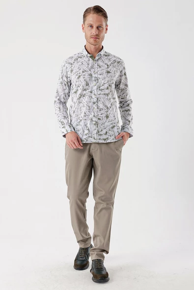 Beyaz Uzun Kollu Baskılı Bez Ayağı Cepsiz Garnili Klasik Slim Fit Dar Kesim Gömlek 1004230229 - Resim 4