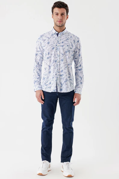 Beyaz Uzun Kollu Baskılı Bez Ayağı Cepsiz Garnili Klasik Slim Fit Dar Kesim Gömlek 1004230229 - Resim 2