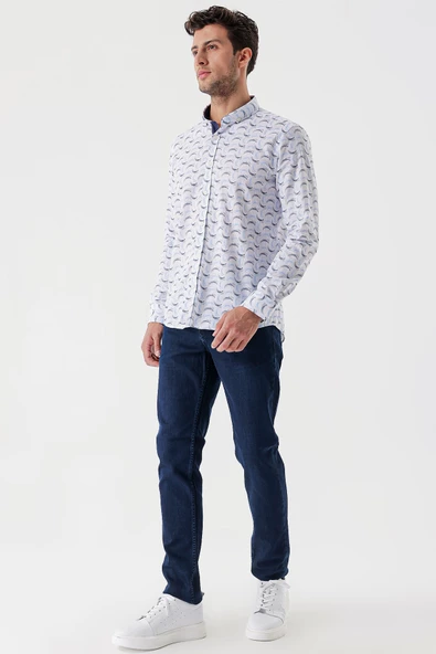 Beyaz Uzun Kollu Baskılı Bez Ayağı Cepsiz Garnili Klasik Slim Fit Dar Kesim Gömlek 1004230228 - Resim 4