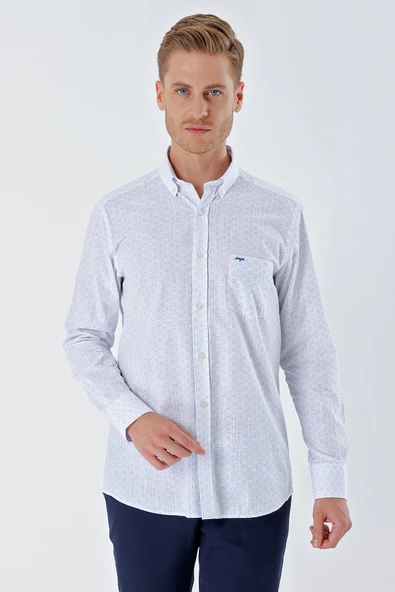 Beyaz Uzun Kollu BaskılıCepli %100 Pamuk Casual Comfort Fit Rahat Kesim Gömlek 1004230225 - Resim 3