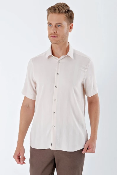 Bej Kısa Kollu Desenli Armürlü Sert Yaka Cepsiz Klasik Comfort Fit Gömlek 1004230204 - Resim 2