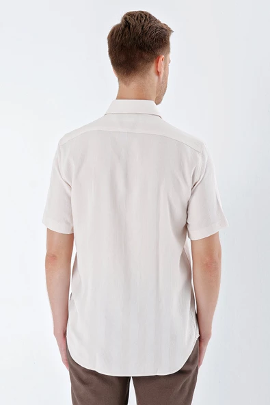 Bej Kısa Kollu Desenli Armürlü Sert Yaka Cepsiz Klasik Comfort Fit Gömlek 1004230204 - Resim 6