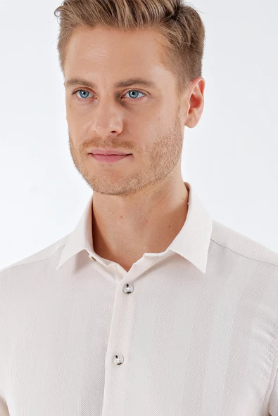 Bej Kısa Kollu Desenli Armürlü Sert Yaka Cepsiz Klasik Comfort Fit Gömlek 1004230204 - Resim 5