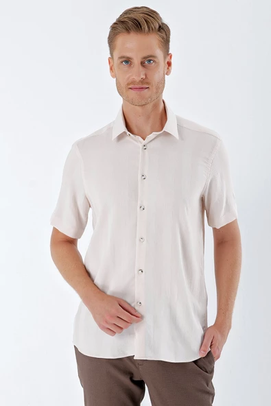 Bej Kısa Kollu Desenli Armürlü Sert Yaka Cepsiz Klasik Comfort Fit Gömlek 1004230204 - Resim 3