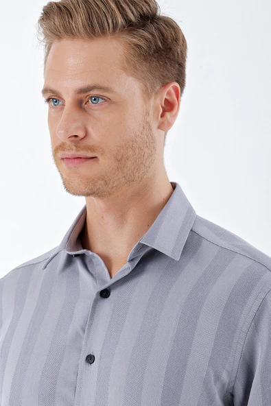 Gri Kısa Kollu Desenli Armürlü Sert Yaka Cepsiz Klasik Comfort Fit Gömlek 1004230204 - Resim 2