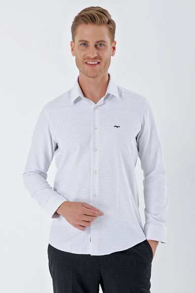 Beyaz Uzun Kollu Desenli Armürlü Sert Yaka Cepsiz Pamuklu Klasik Slim Fit Gömlek 1004230203