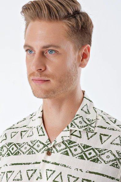 Koyu Haki Kısa Kollu Baskılı Apaş Yaka Cepsiz %100 Pamuk Casual Comfort Fit Gömlek 1004230160 - Resim 5