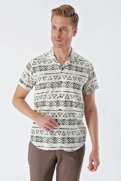 Koyu Haki Kısa Kollu Baskılı Apaş Yaka Cepsiz %100 Pamuk Casual Comfort Fit Gömlek 1004230160 - Resim 4