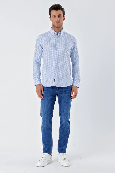 Koyu Mavi Uzun Kollu Kareli Düğmeli Yaka Cepsiz Pamuklu Klasik Slim Fit Dar Kesim Gömlek 1004230163 - Resim 4