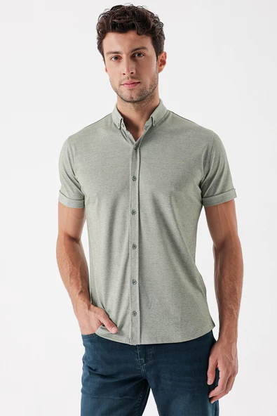 Açık Haki Kısa Kollu Pike Cepsiz Pamuklu Casual Slim Fit Dar Kesim Gömlek 1004230151