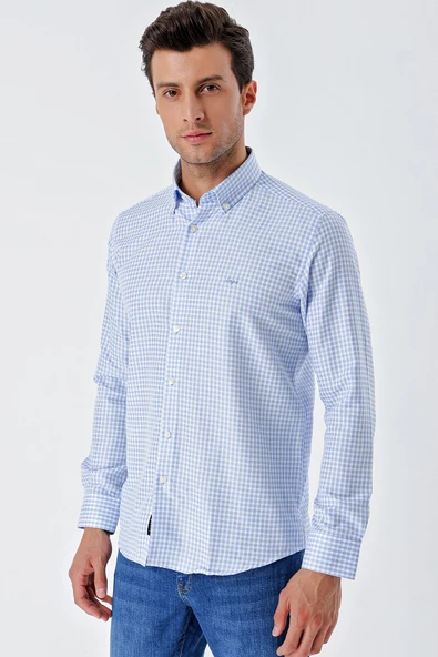 Koyu Mavi Uzun Kollu Kareli Düğmeli Yaka Cepsiz Pamuklu Klasik Slim Fit Dar Kesim Gömlek 1004230163 - Resim 2
