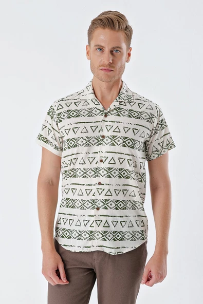 Koyu Haki Kısa Kollu Baskılı Apaş Yaka Cepsiz %100 Pamuk Casual Comfort Fit Gömlek 1004230160 - Resim 2