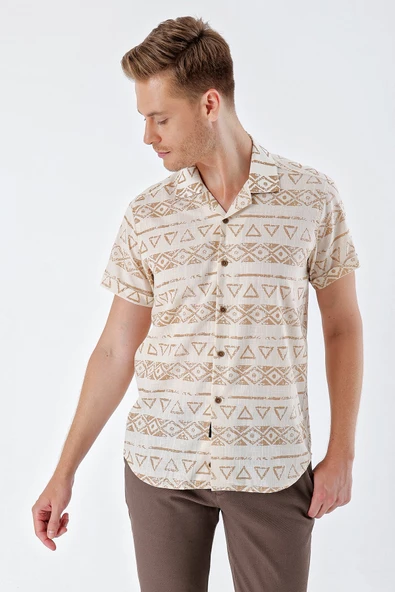 Bej Kısa Kollu Baskılı Apaş Yaka Cepsiz %100 Pamuk Casual Comfort Fit Gömlek 1004230160 - Resim 5