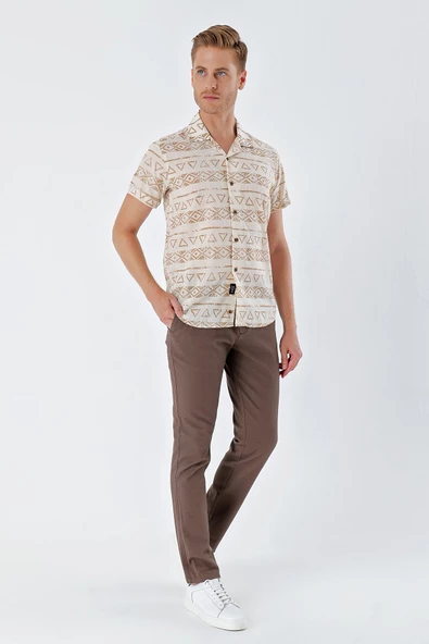 Bej Kısa Kollu Baskılı Apaş Yaka Cepsiz %100 Pamuk Casual Comfort Fit Gömlek 1004230160 - Resim 2
