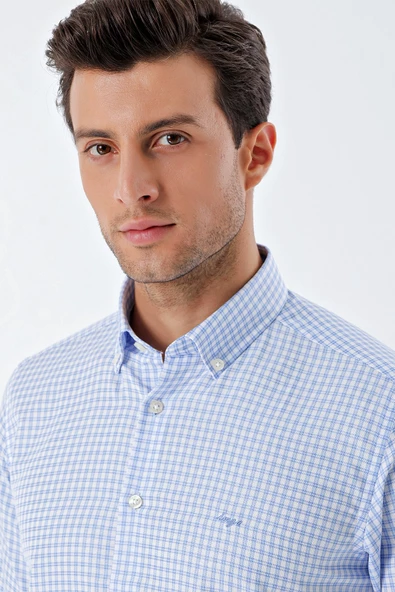 Koyu Mavi Uzun Kollu Kareli Düğmeli Yaka Cepsiz Pamuklu Klasik Slim Fit Dar Kesim Gömlek 1004230163 - Resim 5