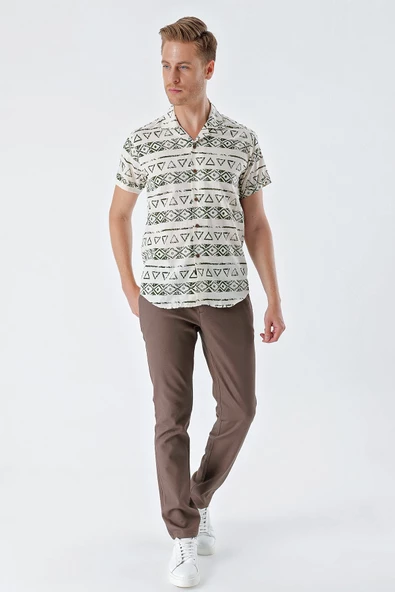 Koyu Haki Kısa Kollu Baskılı Apaş Yaka Cepsiz %100 Pamuk Casual Comfort Fit Gömlek 1004230160 - Resim 3