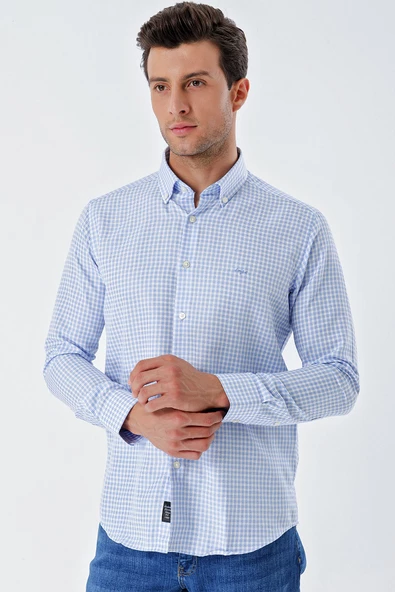 Koyu Mavi Uzun Kollu Kareli Düğmeli Yaka Cepsiz Pamuklu Klasik Slim Fit Dar Kesim Gömlek 1004230163 - Resim 3