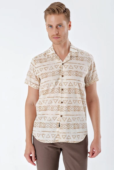 Bej Kısa Kollu Baskılı Apaş Yaka Cepsiz %100 Pamuk Casual Comfort Fit Gömlek 1004230160 - Resim 3