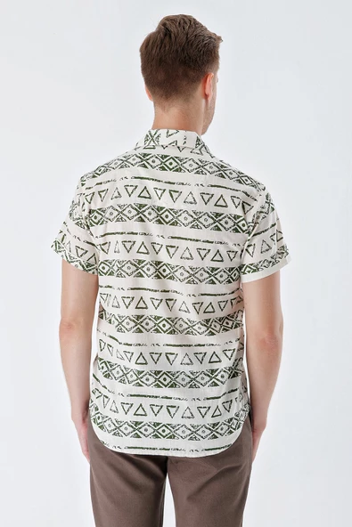 Koyu Haki Kısa Kollu Baskılı Apaş Yaka Cepsiz %100 Pamuk Casual Comfort Fit Gömlek 1004230160 - Resim 6