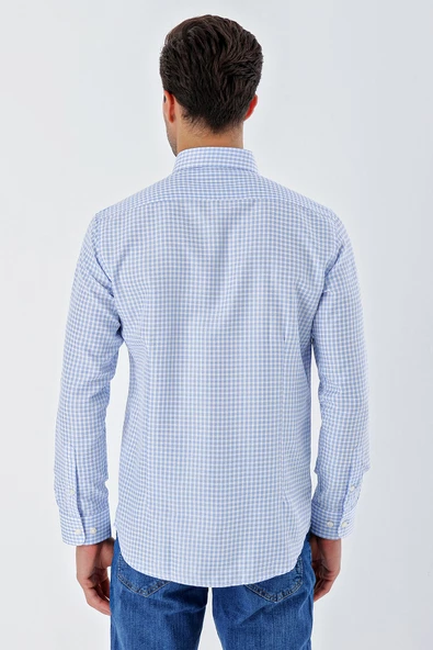 Koyu Mavi Uzun Kollu Kareli Düğmeli Yaka Cepsiz Pamuklu Klasik Slim Fit Dar Kesim Gömlek 1004230163 - Resim 6
