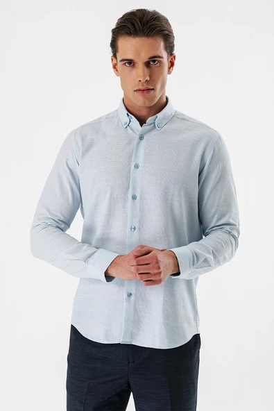 Koyu Mavi Uzun Kollu Desenli Armürlü Düğmeli Yaka Cepsiz %100 Pamuk Slim Fit Gömlek 1004240175 - Resim 2