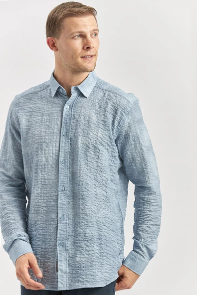 Koyu Mavi Uzun Kollu Baskılı Gofreli Cepsiz Pamuklu Likralı Slim Fit Gömlek 1004240100 - 2