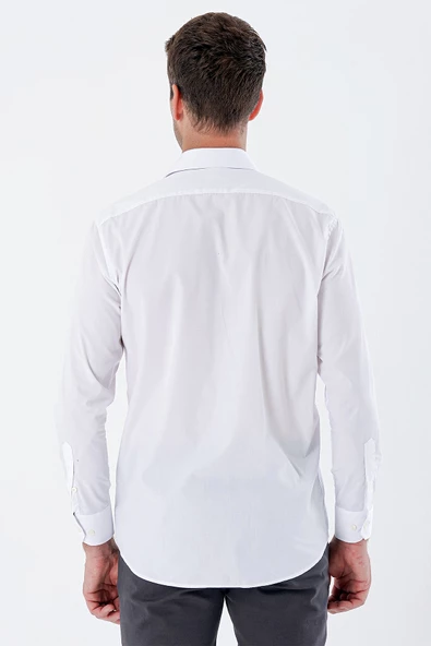Beyaz Uzun Kollu Bez Ayağı Sert Yaka Cepli Pamuklu Comfort Fit Rahat Kesim Gömlek 1004235351 - Resim 6
