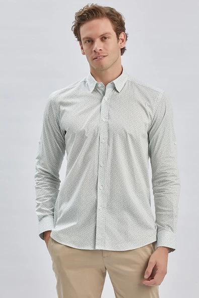 Koyu Haki Kısalabilir Kol Baskılı Cepsiz %97 Pamuk %3 Elastane Klasik Slim Fit Gömlek 1004240116 - Resim 5
